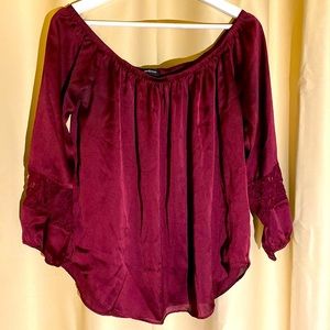 Burgundy Silk Dress Shirt Ambiance Blouse with Lace Sleeves